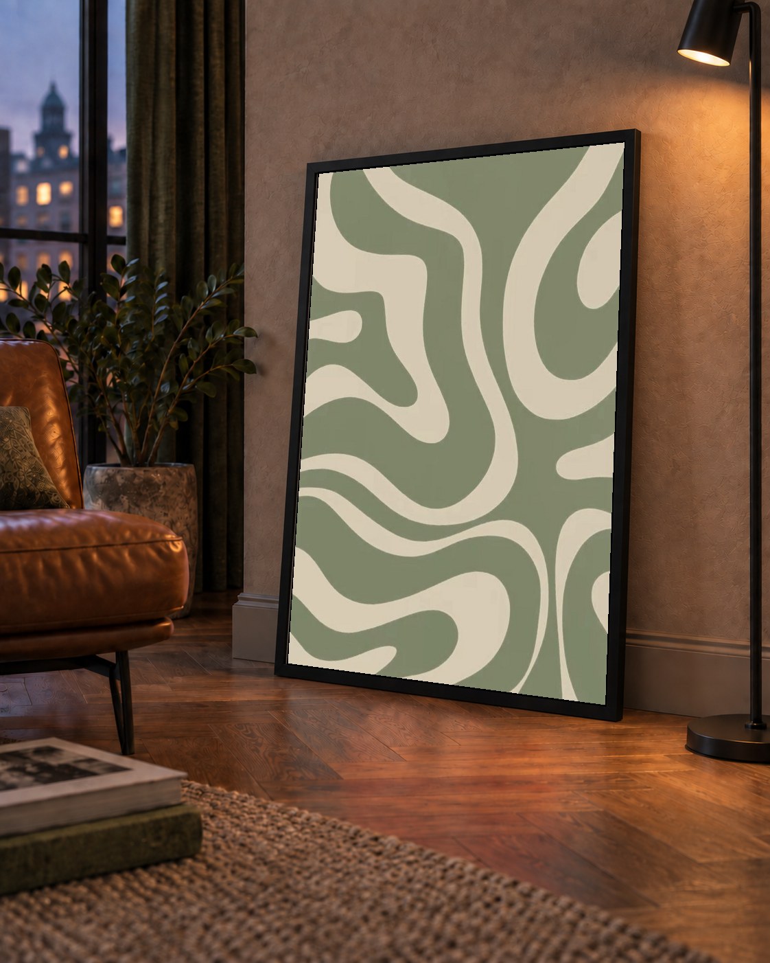 Dalgalı Soyut Desen Poster – Bej ve Haki Dijital Sanat Baskı