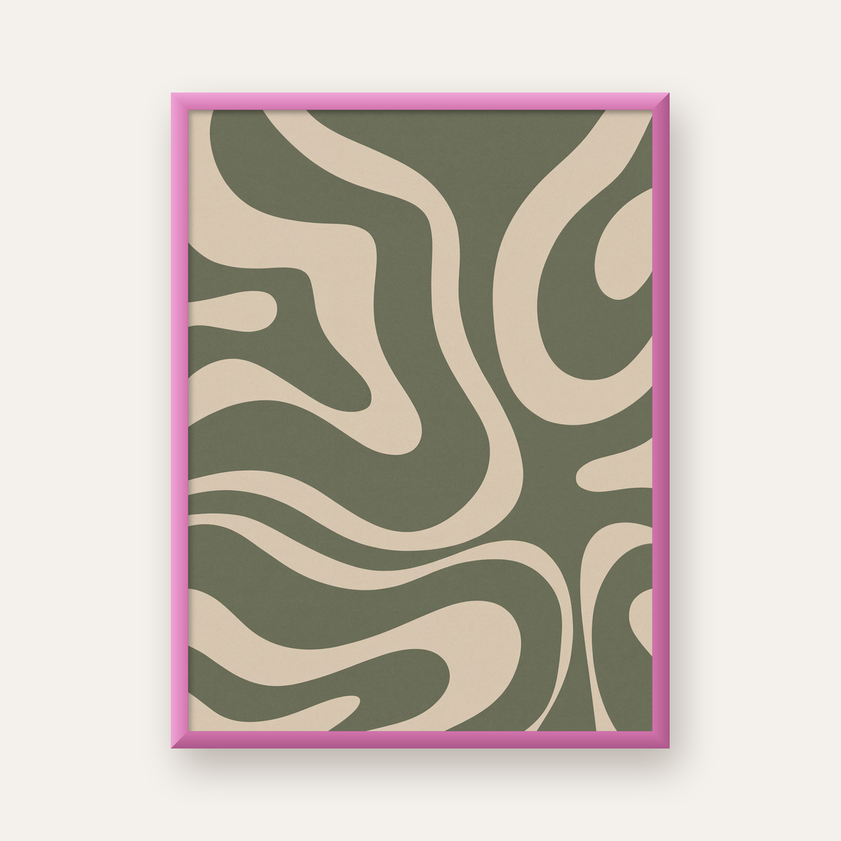 Dalgalı Soyut Desen Poster – Bej ve Haki Dijital Sanat Baskı — pembe çerçeveli