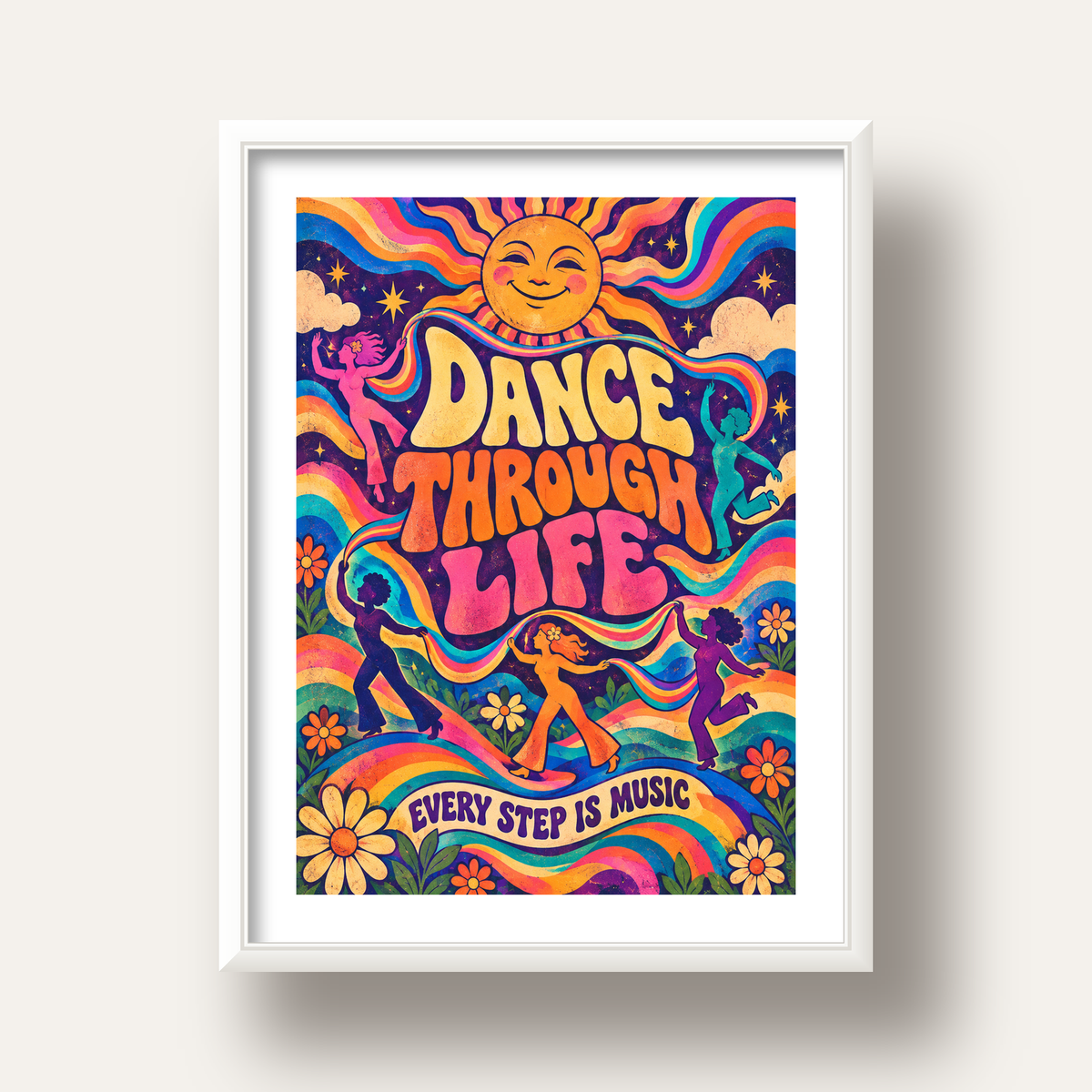 Renkli Retro Dans ve Güneş Tasarımlı Poster – Enerji Dolu Dekor — beyaz derin çerçeveli paspartulu