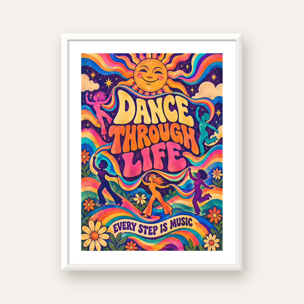 Renkli Retro Dans ve Güneş Tasarımlı Poster – Enerji Dolu Dekor — beyaz çerçeveli dikey poster