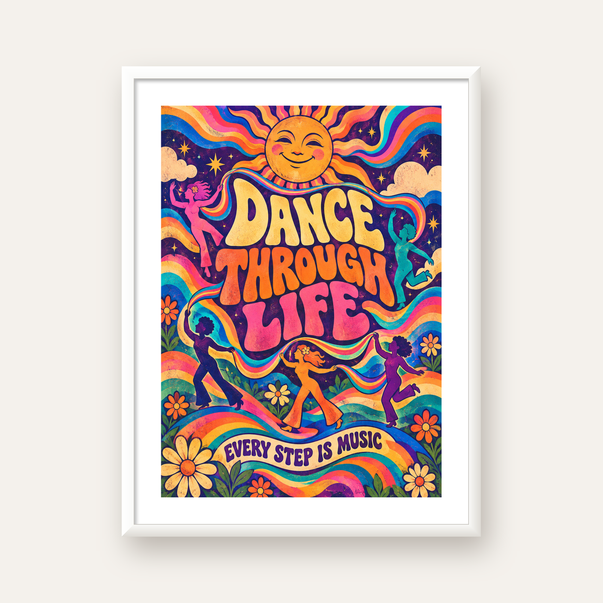 Renkli Retro Dans ve Güneş Tasarımlı Poster – Enerji Dolu Dekor — beyaz çerçeveli dikey poster