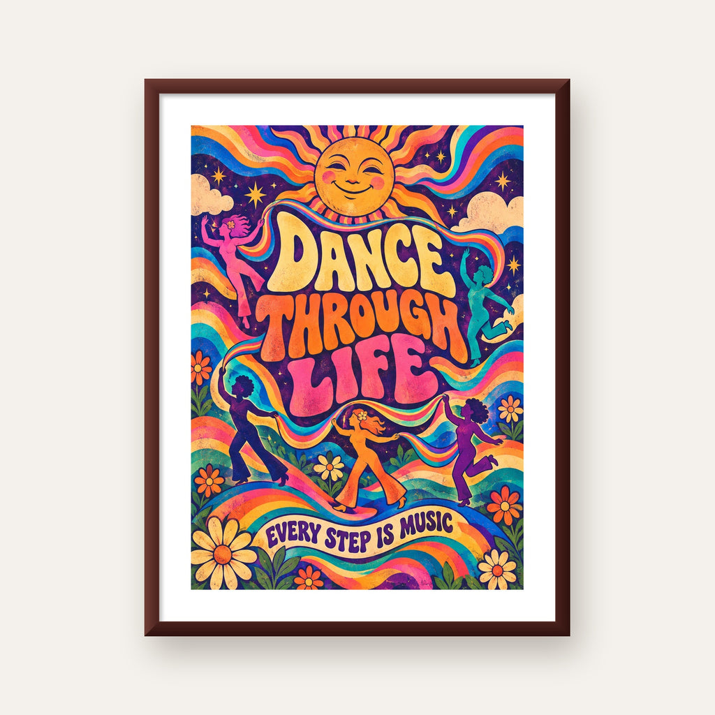 Renkli Retro Dans ve Güneş Tasarımlı Poster – Enerji Dolu Dekor — ceviz çerçeveli paspartulu