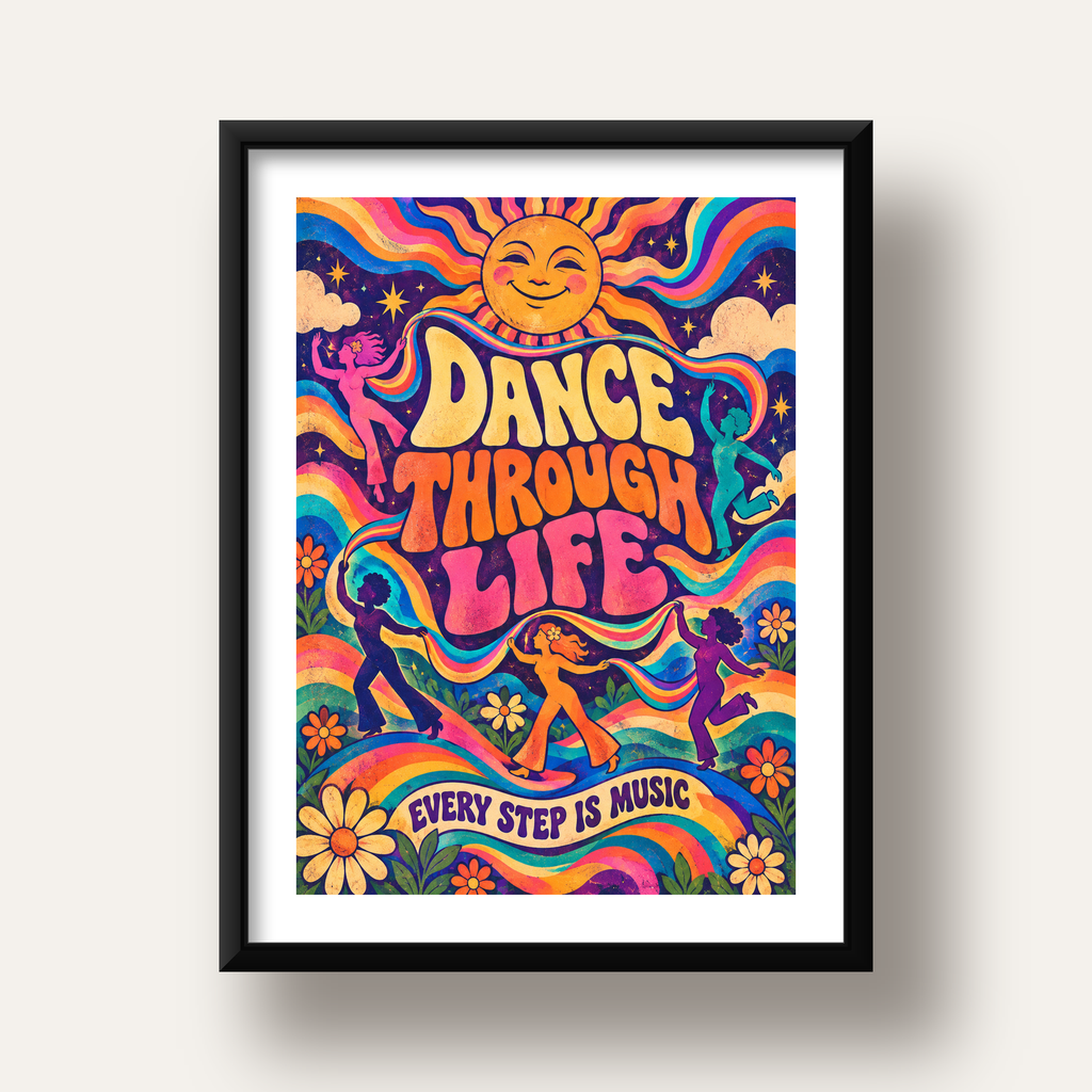Renkli Retro Dans ve Güneş Tasarımlı Poster – Enerji Dolu Dekor — siyah derin çerçeveli paspartulu