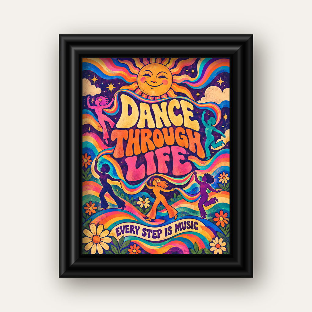 Renkli Retro Dans ve Güneş Tasarımlı Poster – Enerji Dolu Dekor — siyah galeri çerçeveli