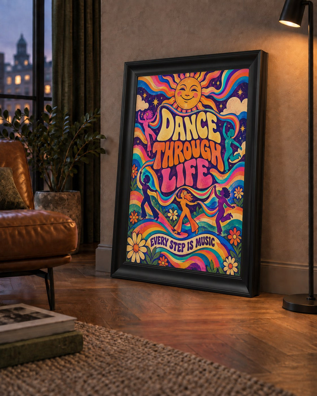 Renkli Retro Dans ve Güneş Tasarımlı Poster – Enerji Dolu Dekor — çerçeveli hâliyle bir ev duvarında