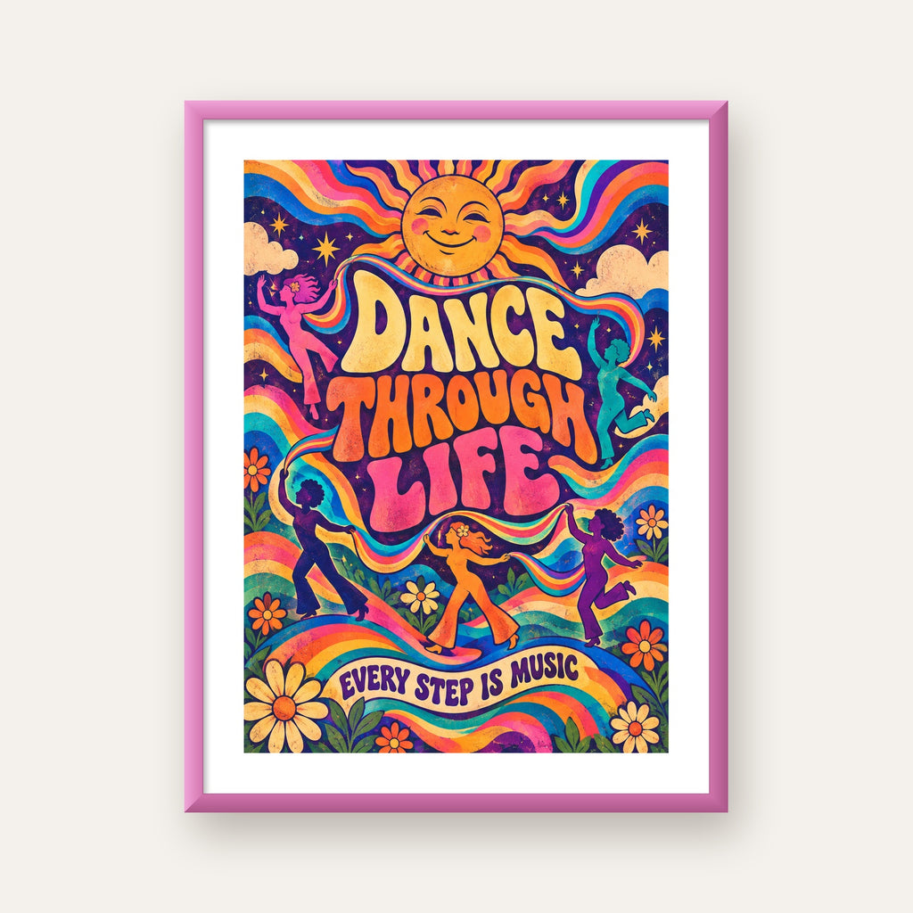 Renkli Retro Dans ve Güneş Tasarımlı Poster – Enerji Dolu Dekor — pembe çerçeveli paspartulu