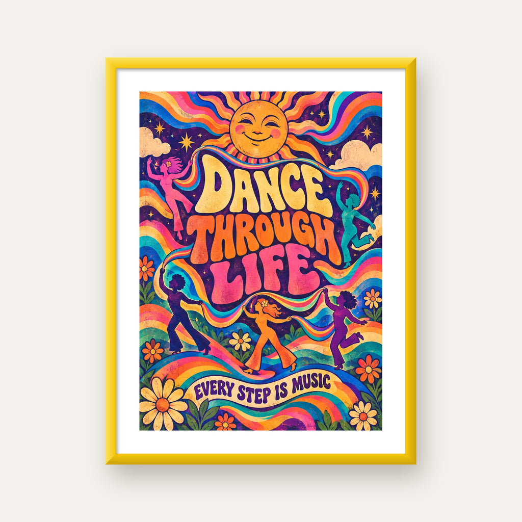 Renkli Retro Dans ve Güneş Tasarımlı Poster – Enerji Dolu Dekor — sarı çerçeveli paspartulu