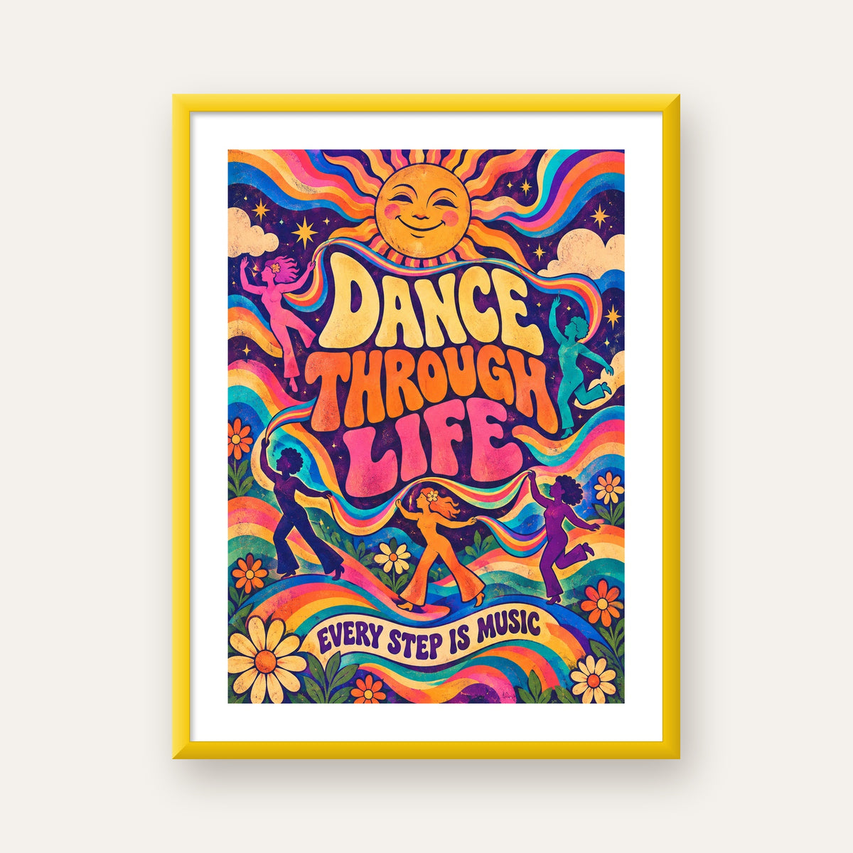 Renkli Retro Dans ve Güneş Tasarımlı Poster – Enerji Dolu Dekor — sarı çerçeveli paspartulu