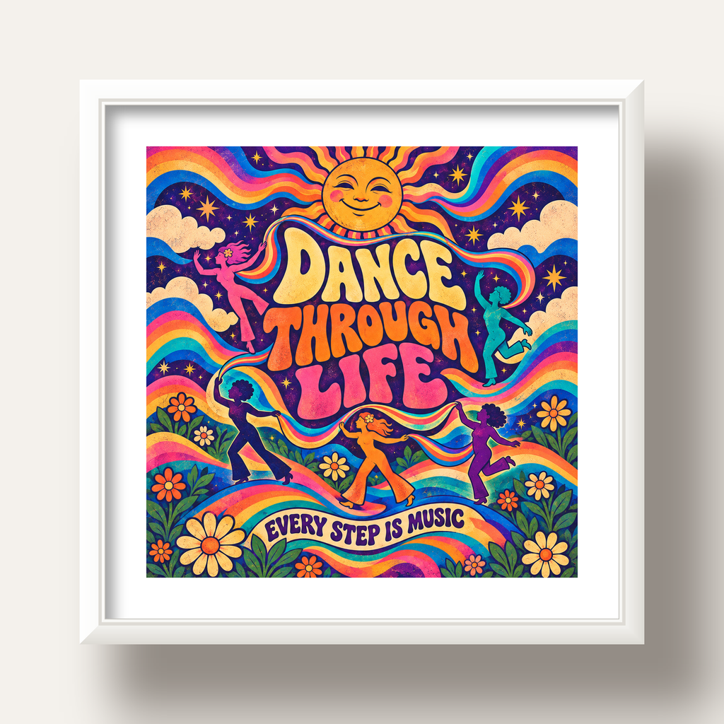 Renkli Retro Dans ve Güneş Tasarımlı Poster – Enerji Dolu Dekor — beyaz derin çerçeveli paspartulu