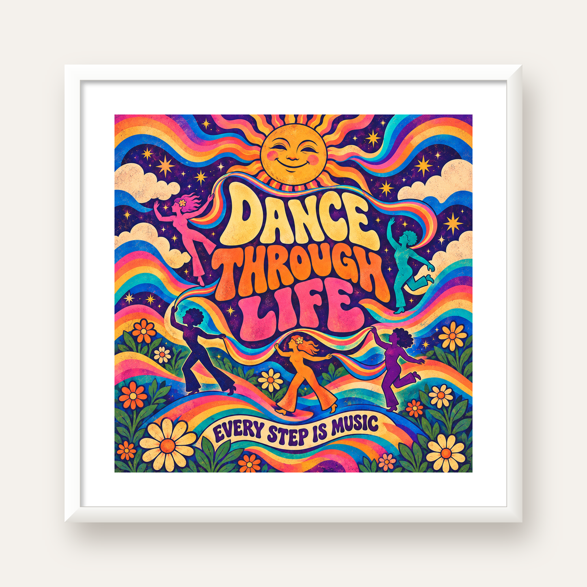Renkli Retro Dans ve Güneş Tasarımlı Poster – Enerji Dolu Dekor — beyaz çerçeveli kare poster