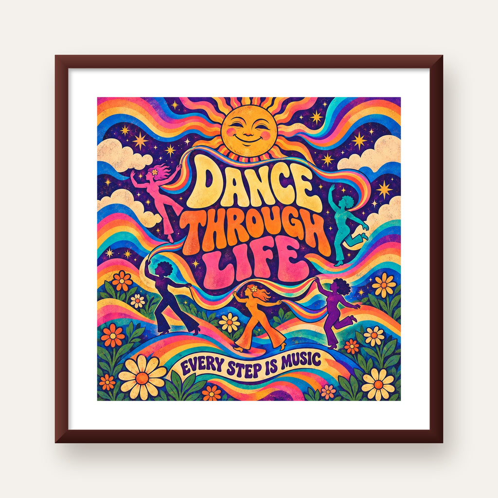 Renkli Retro Dans ve Güneş Tasarımlı Poster – Enerji Dolu Dekor — ceviz çerçeveli paspartulu