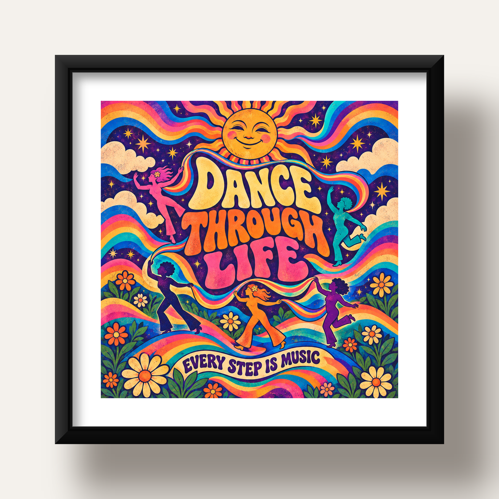 Renkli Retro Dans ve Güneş Tasarımlı Poster – Enerji Dolu Dekor — siyah derin çerçeveli paspartulu