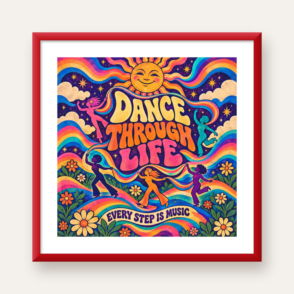 Renkli Retro Dans ve Güneş Tasarımlı Poster – Enerji Dolu Dekor — kırmızı çerçeveli paspartulu
