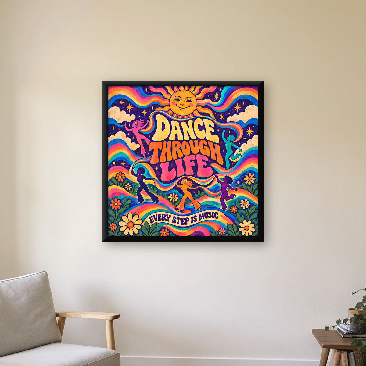 Renkli Retro Dans ve Güneş Tasarımlı Poster – Enerji Dolu Dekor — Kare baskı, çerçeveli hâliyle bir ev duvarında