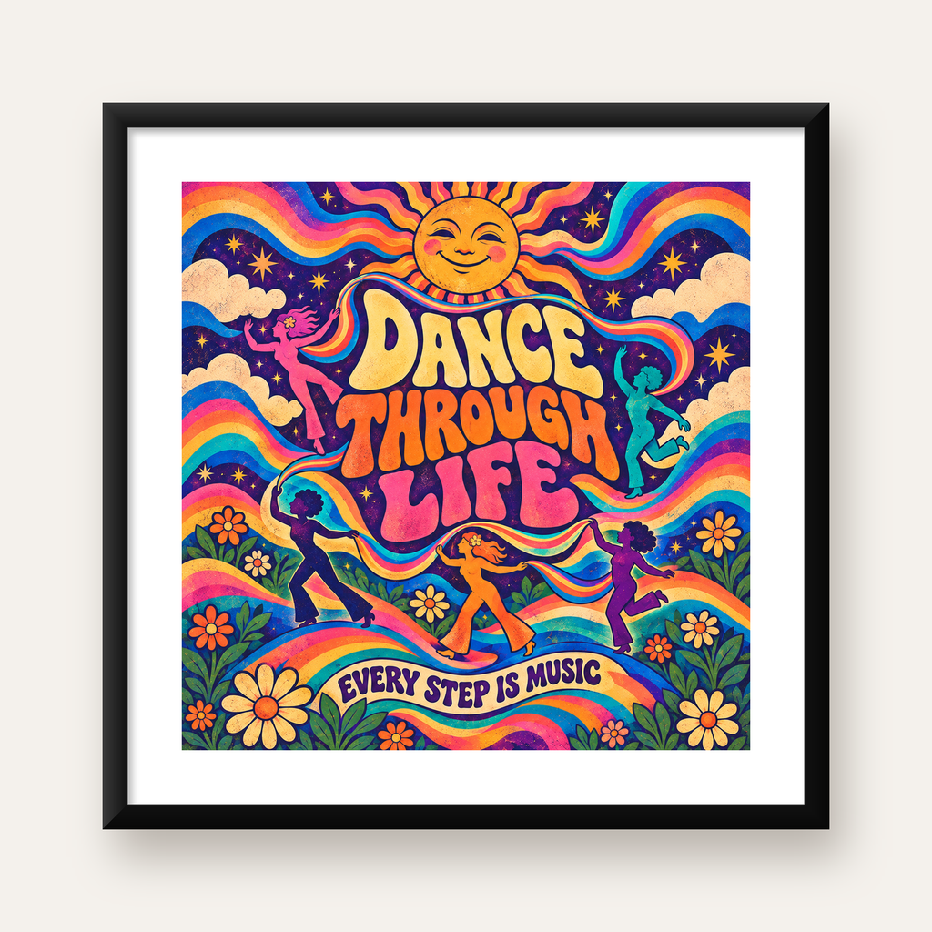 Renkli Retro Dans ve Güneş Tasarımlı Poster – Enerji Dolu Dekor — Kare baskı, beyaz paspartulu