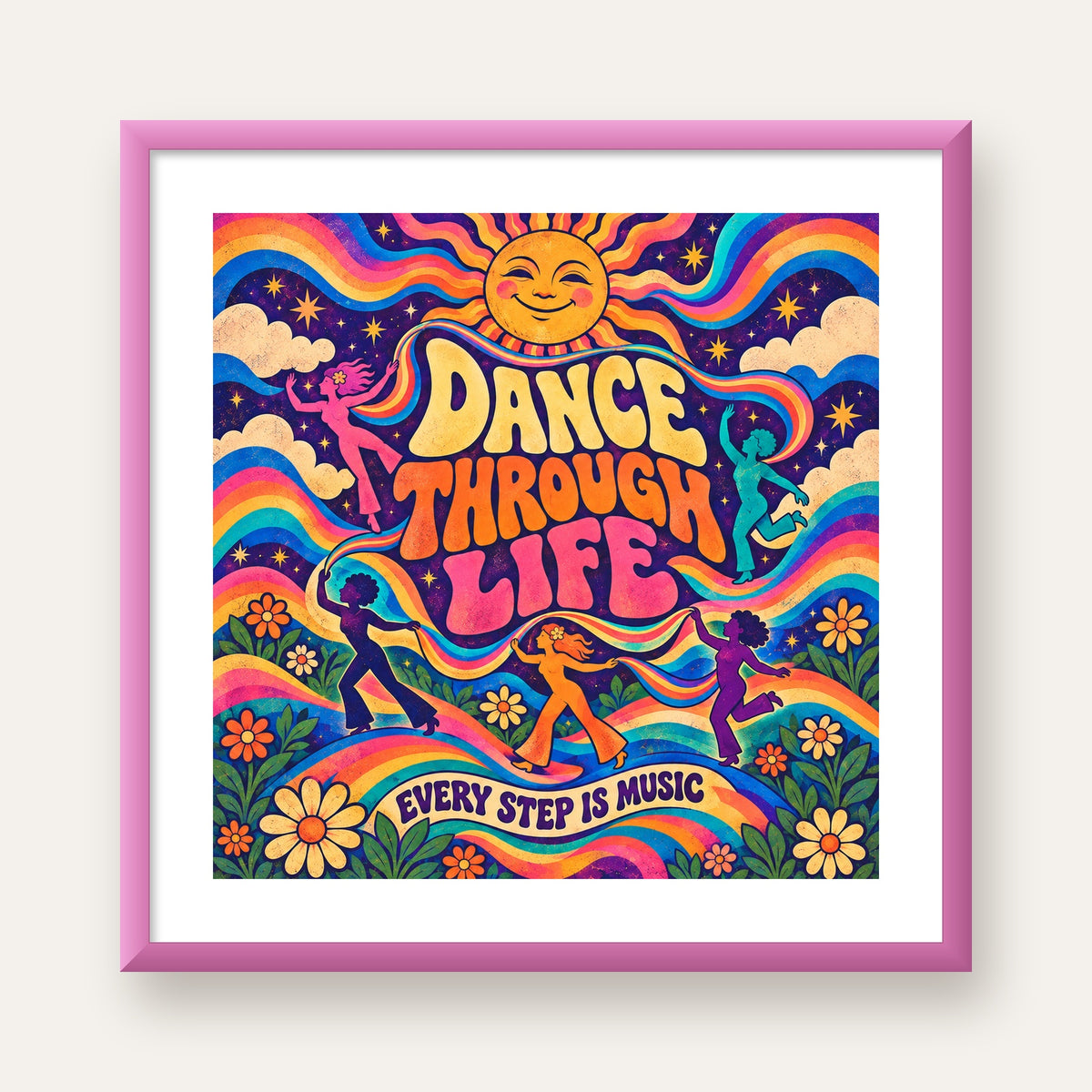 Renkli Retro Dans ve Güneş Tasarımlı Poster – Enerji Dolu Dekor — pembe çerçeveli paspartulu