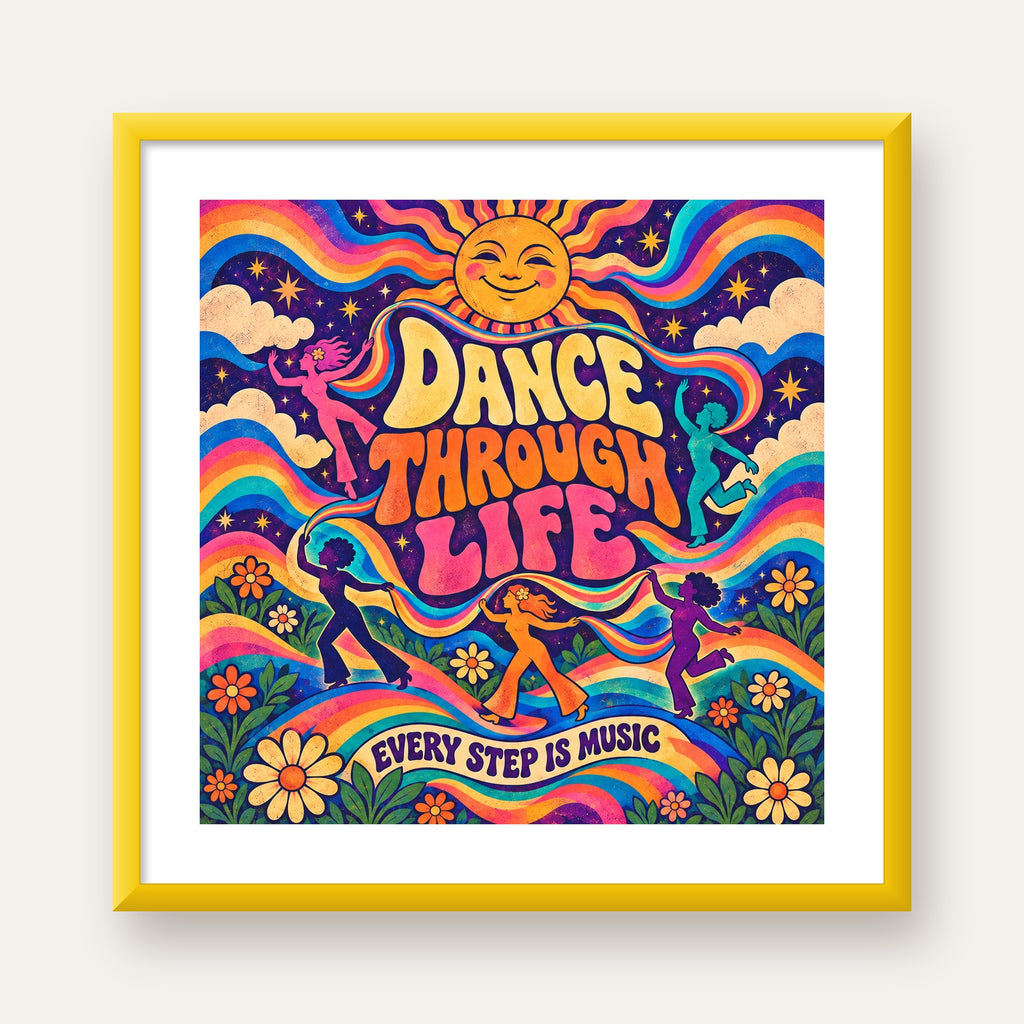Renkli Retro Dans ve Güneş Tasarımlı Poster – Enerji Dolu Dekor — sarı çerçeveli paspartulu