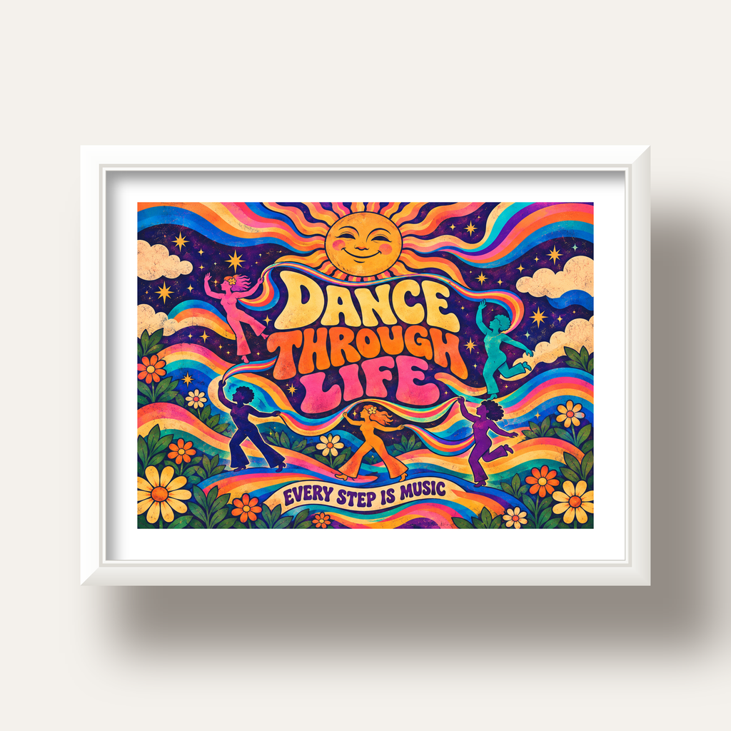 Renkli Retro Dans ve Güneş Tasarımlı Poster – Enerji Dolu Dekor — beyaz derin çerçeveli paspartulu