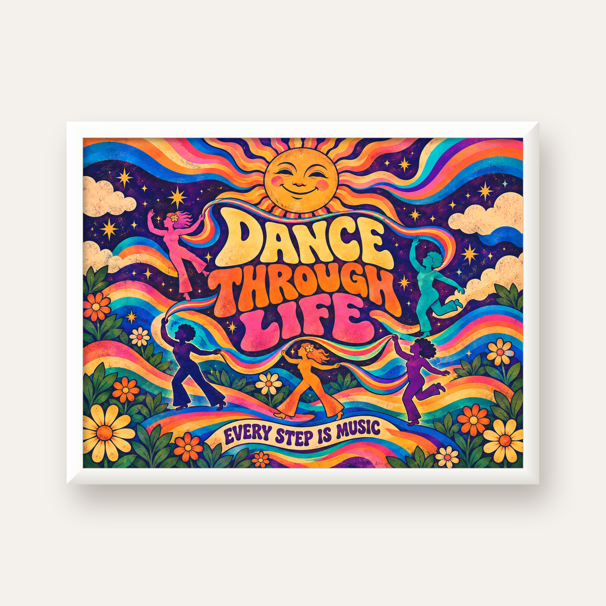 Renkli Retro Dans ve Güneş Tasarımlı Poster – Enerji Dolu Dekor — beyaz çerçeveli yatay poster