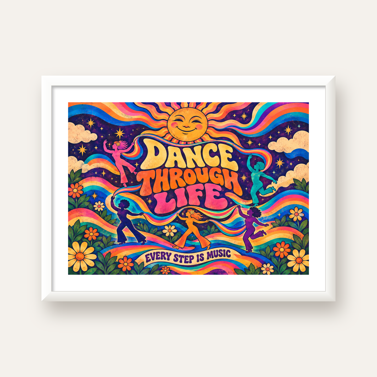 Renkli Retro Dans ve Güneş Tasarımlı Poster – Enerji Dolu Dekor — beyaz çerçeveli yatay poster