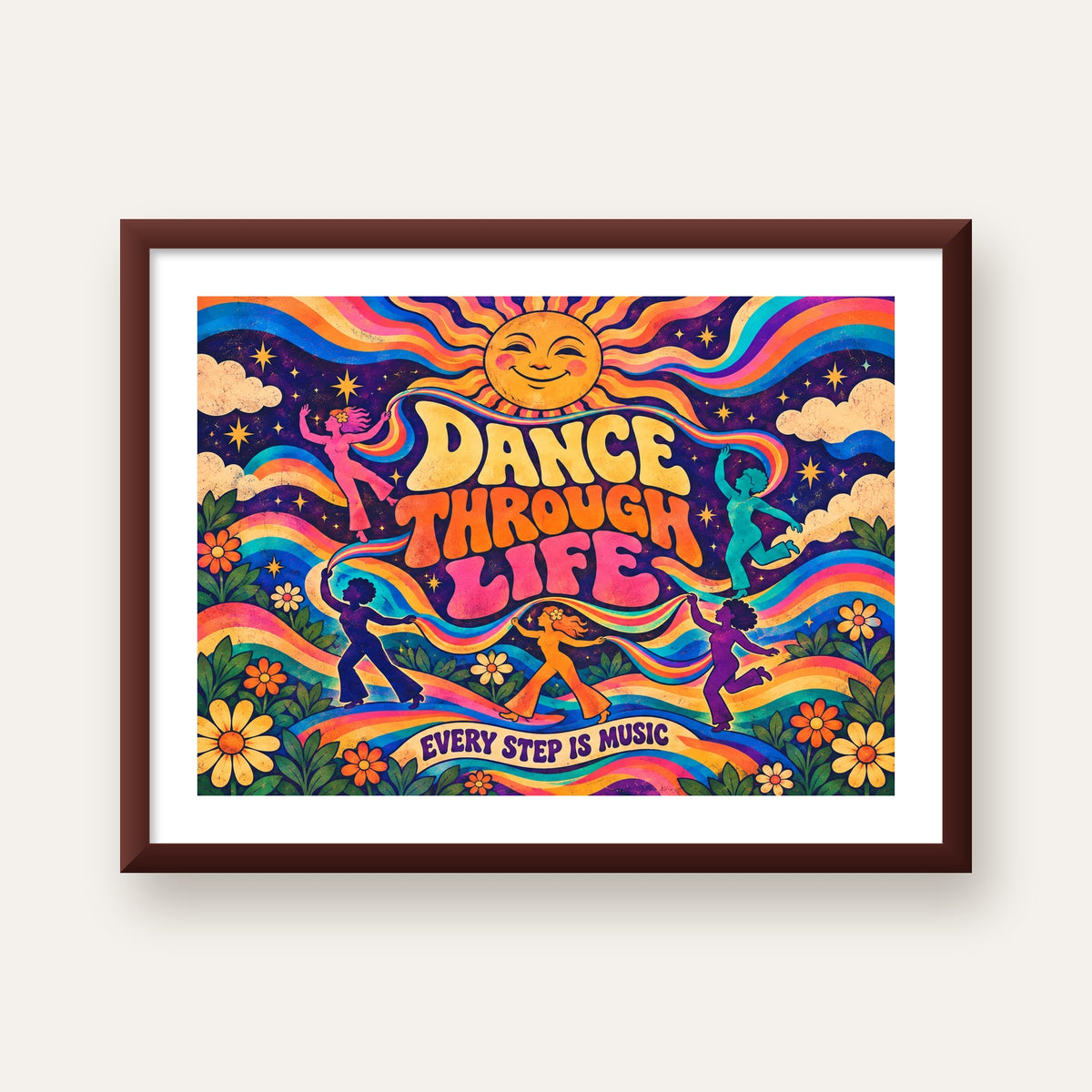 Renkli Retro Dans ve Güneş Tasarımlı Poster – Enerji Dolu Dekor — ceviz çerçeveli paspartulu