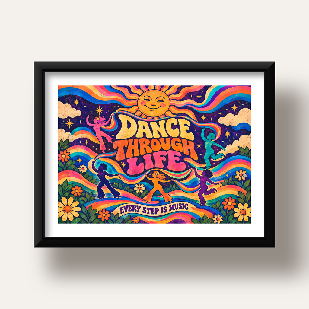 Renkli Retro Dans ve Güneş Tasarımlı Poster – Enerji Dolu Dekor — siyah derin çerçeveli paspartulu