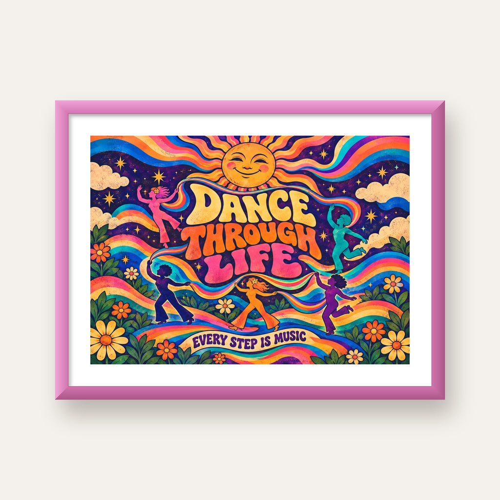 Renkli Retro Dans ve Güneş Tasarımlı Poster – Enerji Dolu Dekor — pembe çerçeveli paspartulu