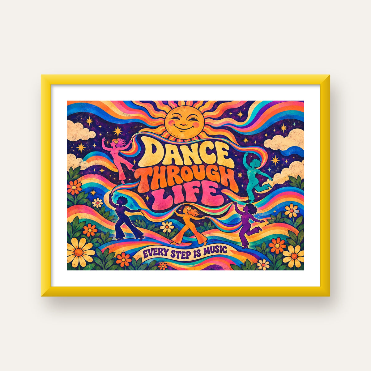 Renkli Retro Dans ve Güneş Tasarımlı Poster – Enerji Dolu Dekor — sarı çerçeveli paspartulu