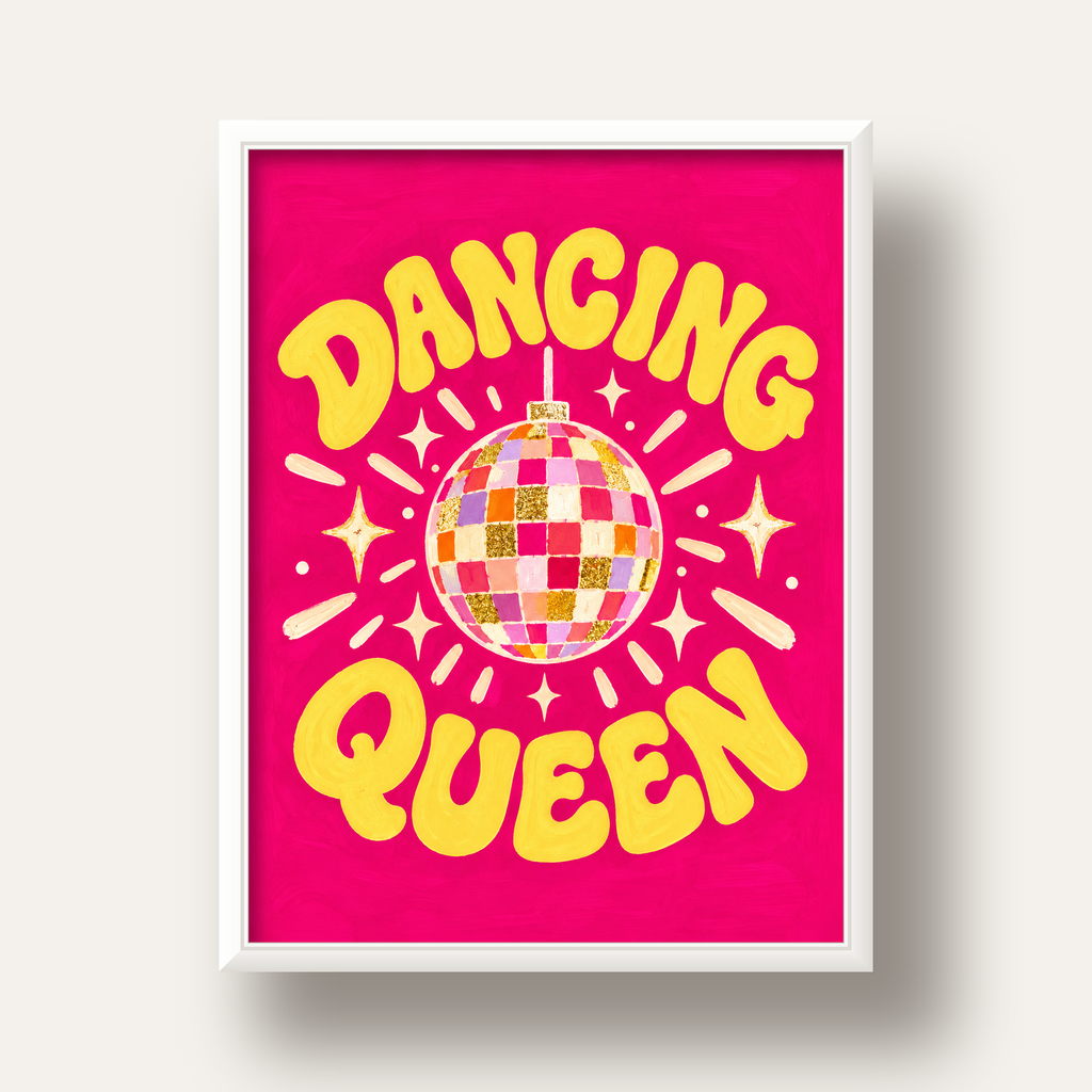 Dancing Queen Disco Topu Poster - Renkli ve Enerjik Duvar Dekoru — beyaz derin çerçeveli