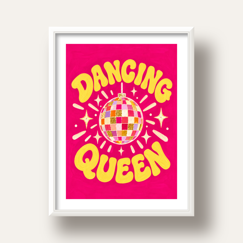 Dancing Queen Disco Topu Poster - Renkli ve Enerjik Duvar Dekoru — beyaz derin çerçeveli paspartulu