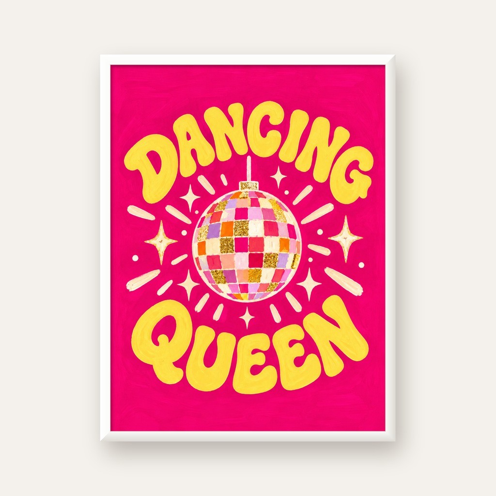 Dancing Queen Disco Topu Poster - Renkli ve Enerjik Duvar Dekoru — beyaz çerçeveli dikey poster