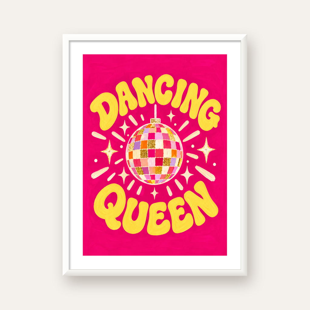 Dancing Queen Disco Topu Poster - Renkli ve Enerjik Duvar Dekoru — beyaz çerçeveli dikey poster