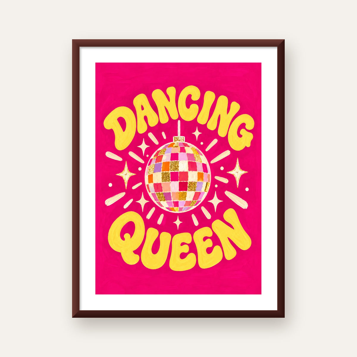 Dancing Queen Disco Topu Poster - Renkli ve Enerjik Duvar Dekoru — ceviz çerçeveli paspartulu