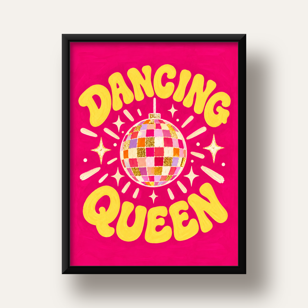 Dancing Queen Disco Topu Poster - Renkli ve Enerjik Duvar Dekoru — siyah derin çerçeveli