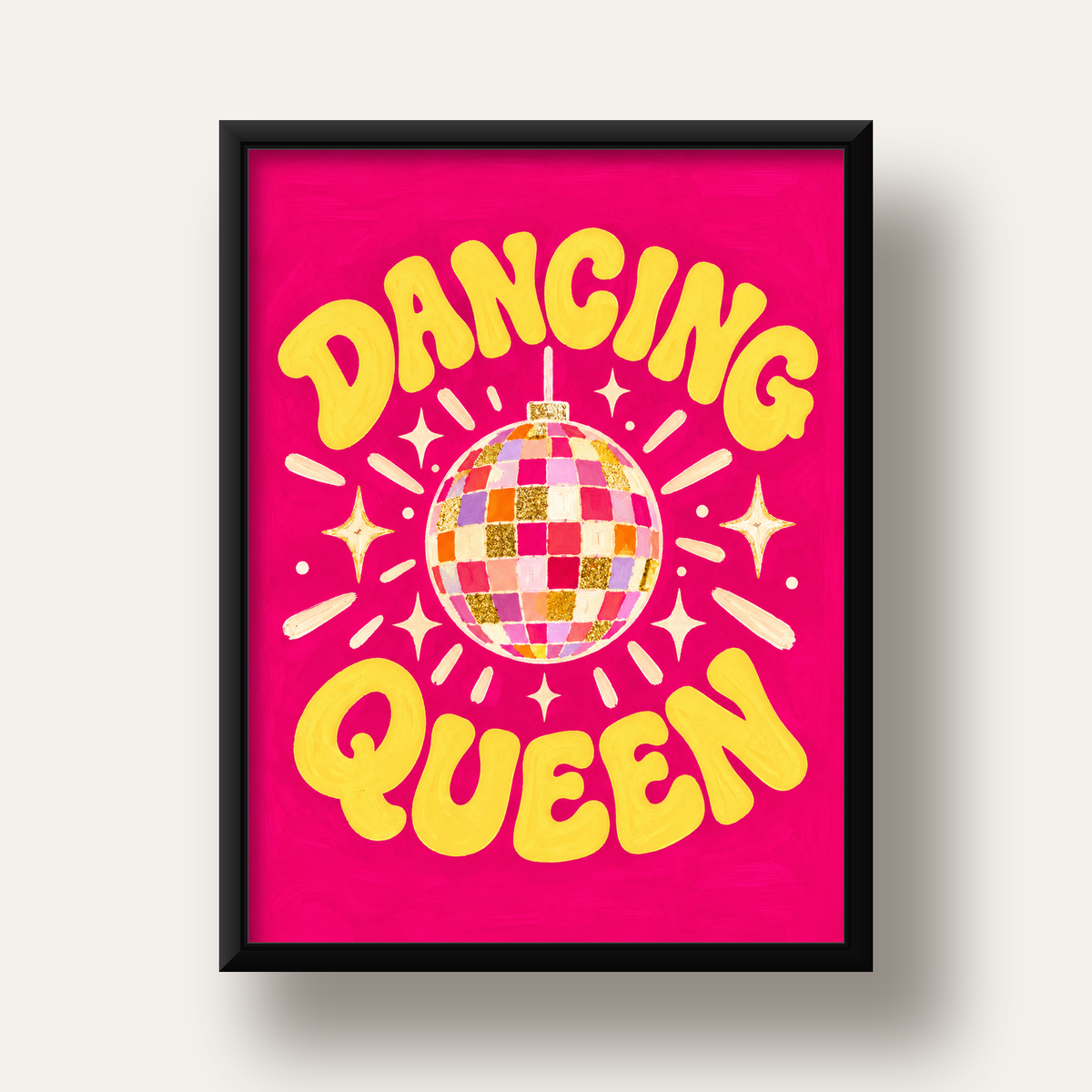 Dancing Queen Disco Topu Poster - Renkli ve Enerjik Duvar Dekoru — siyah derin çerçeveli