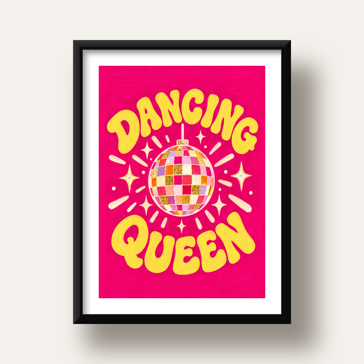Dancing Queen Disco Topu Poster - Renkli ve Enerjik Duvar Dekoru — siyah derin çerçeveli paspartulu