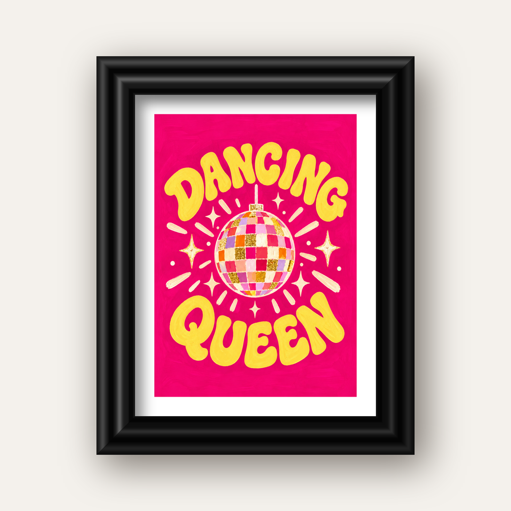 Dancing Queen Disco Topu Poster - Renkli ve Enerjik Duvar Dekoru — siyah galeri çerçeveli paspartulu