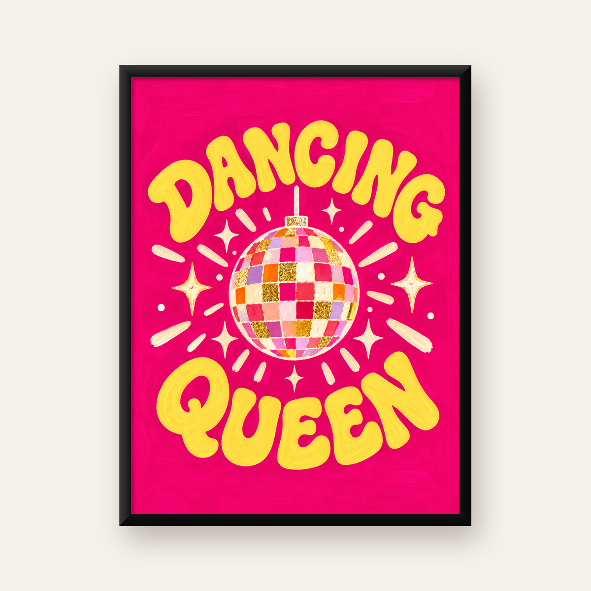 Dancing Queen Disco Topu Poster - Renkli ve Enerjik Duvar Dekoru — Dikey baskı, düz siyah çerçeveli duvar posteri