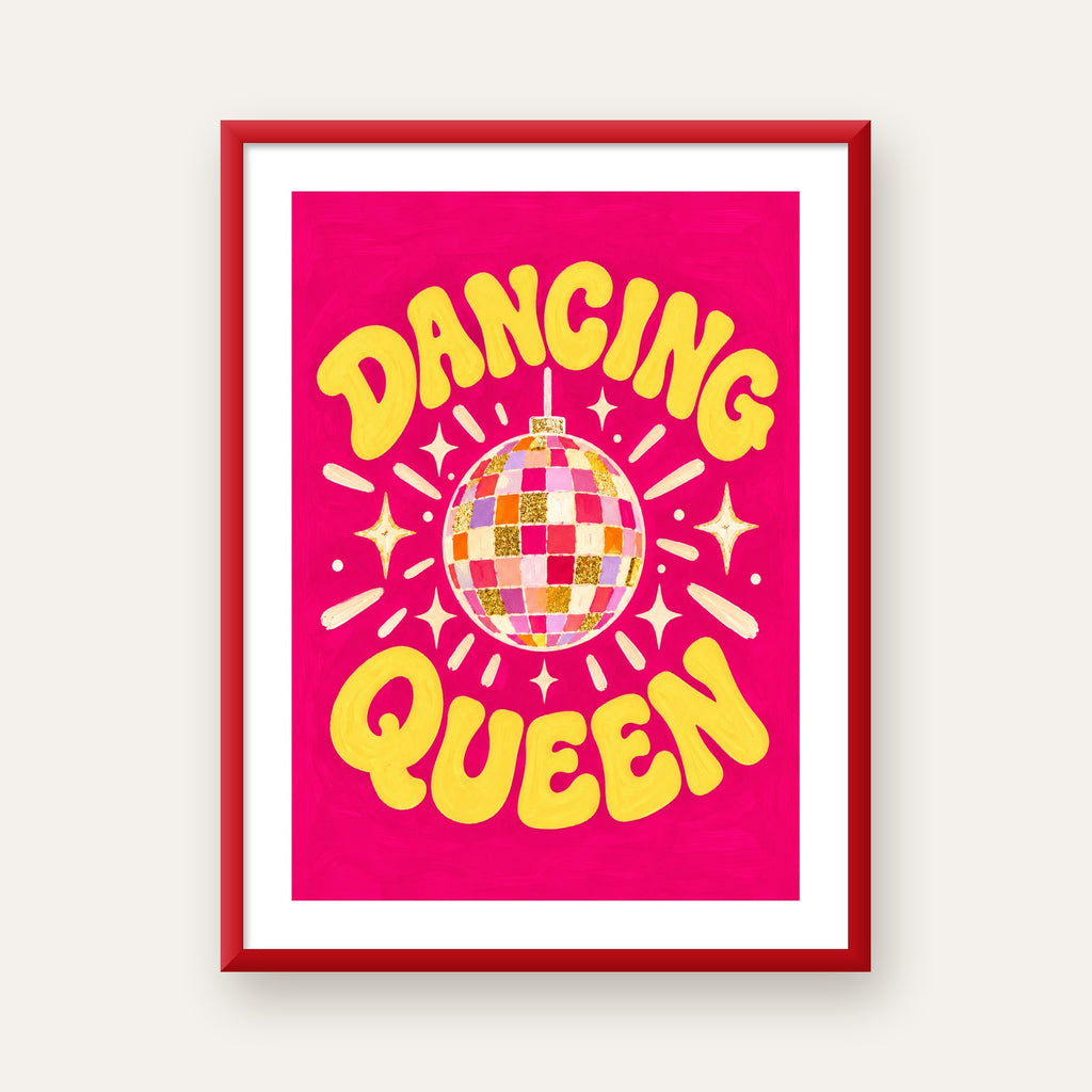 Dancing Queen Disco Topu Poster - Renkli ve Enerjik Duvar Dekoru — kırmızı çerçeveli paspartulu