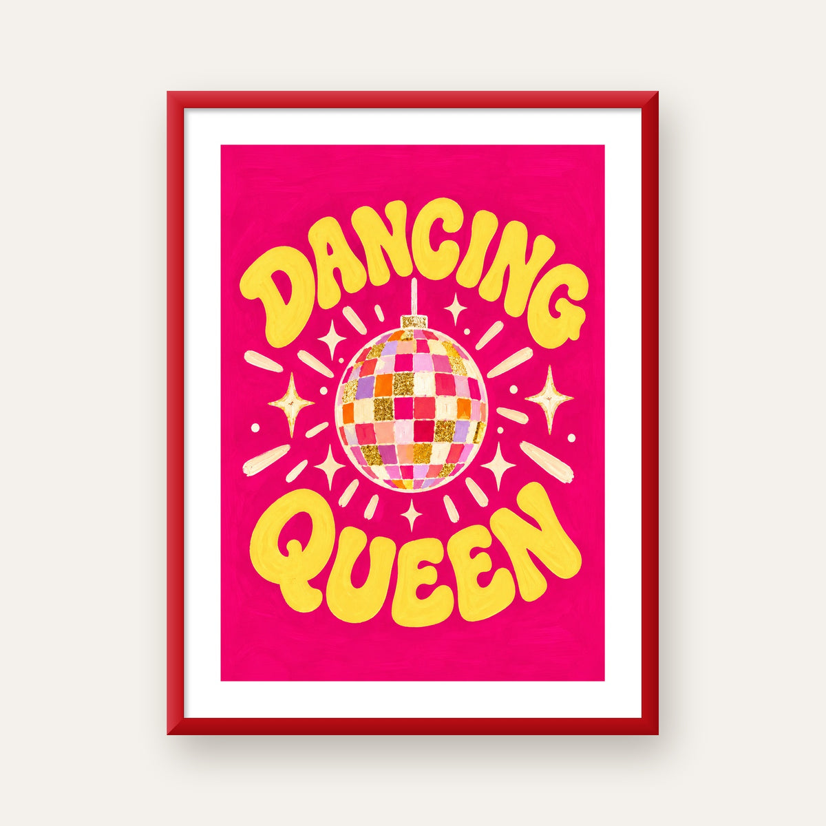 Dancing Queen Disco Topu Poster - Renkli ve Enerjik Duvar Dekoru — kırmızı çerçeveli paspartulu