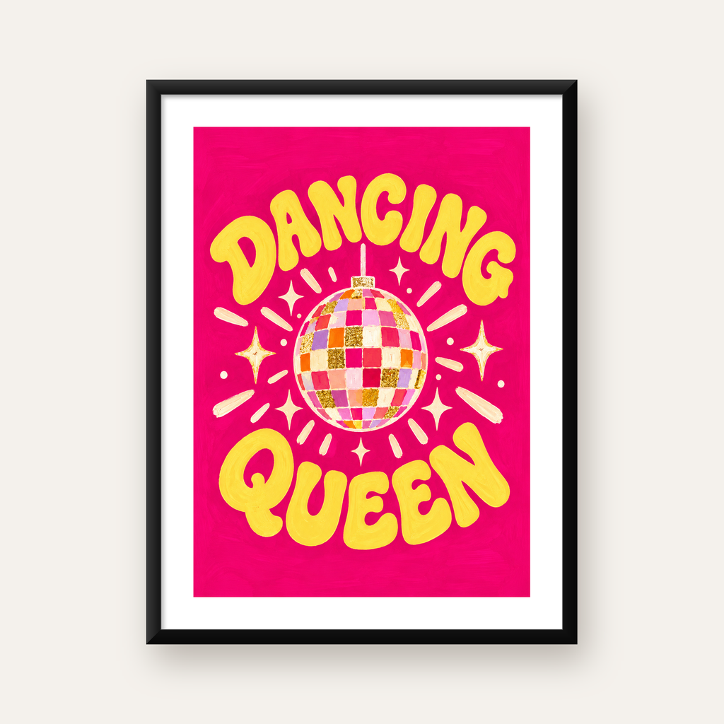 Dancing Queen Disco Topu Poster - Renkli ve Enerjik Duvar Dekoru — Dikey baskı, beyaz paspartulu