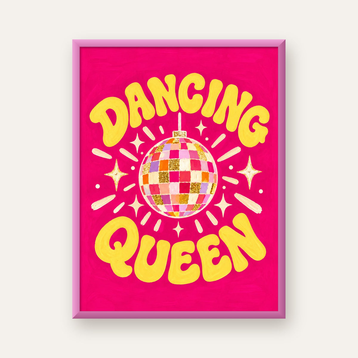 Dancing Queen Disco Topu Poster - Renkli ve Enerjik Duvar Dekoru — pembe çerçeveli