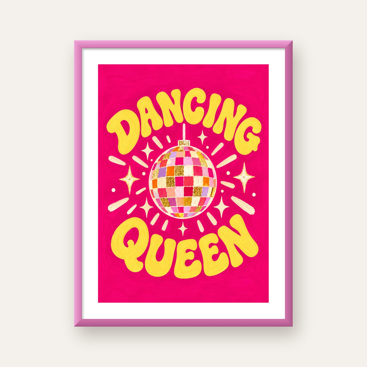 Dancing Queen Disco Topu Poster - Renkli ve Enerjik Duvar Dekoru — pembe çerçeveli paspartulu
