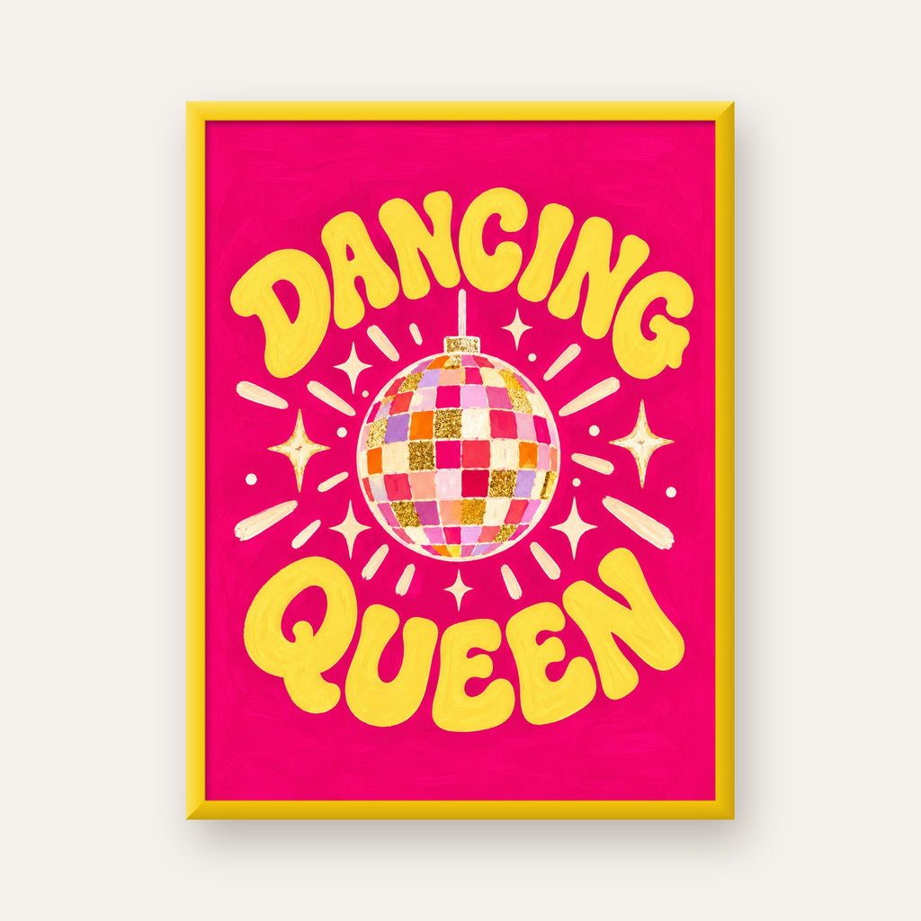 Dancing Queen Disco Topu Poster - Renkli ve Enerjik Duvar Dekoru — sarı çerçeveli