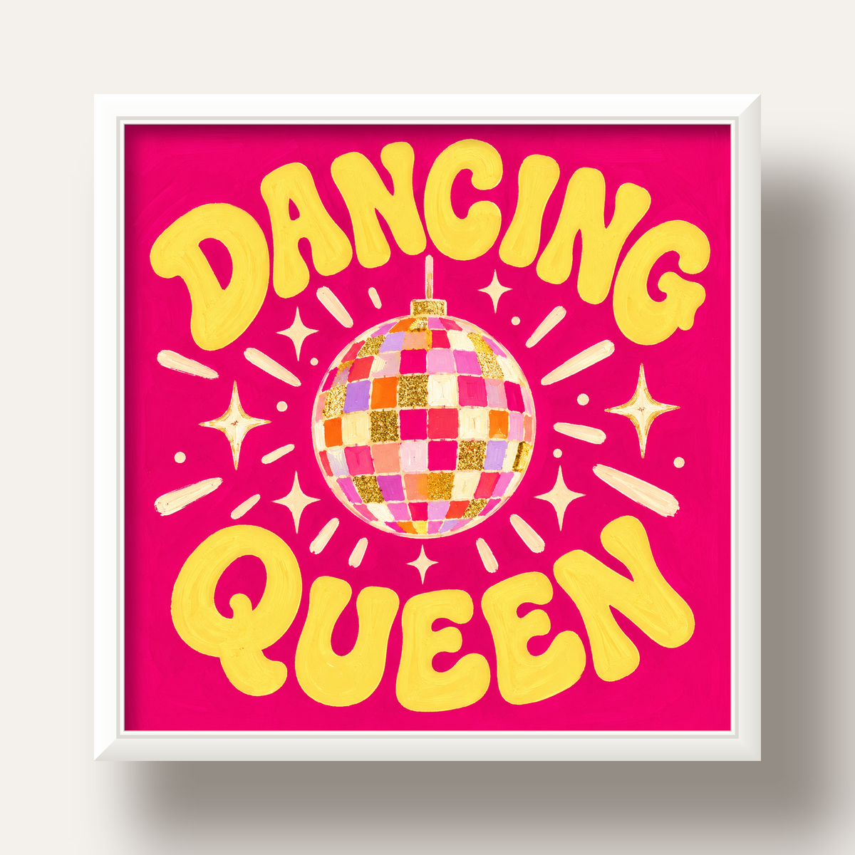 Dancing Queen Disco Topu Poster - Renkli ve Enerjik Duvar Dekoru — beyaz derin çerçeveli