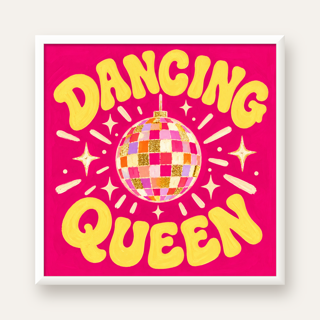 Dancing Queen Disco Topu Poster - Renkli ve Enerjik Duvar Dekoru — beyaz çerçeveli kare poster
