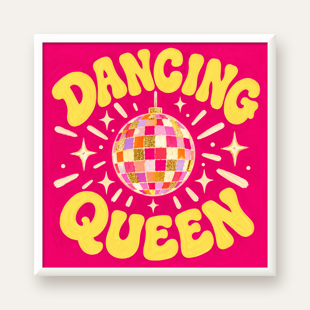 Dancing Queen Disco Topu Poster - Renkli ve Enerjik Duvar Dekoru — beyaz çerçeveli kare poster