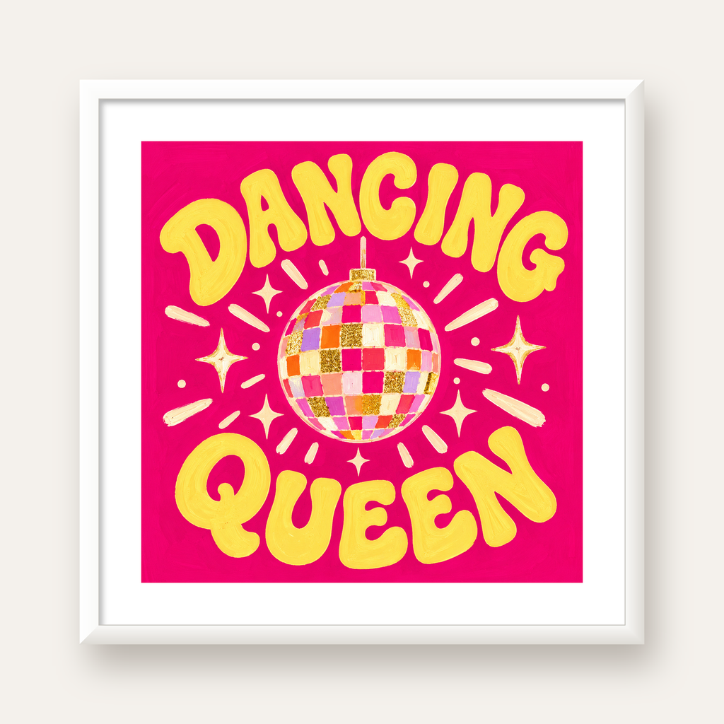 Dancing Queen Disco Topu Poster - Renkli ve Enerjik Duvar Dekoru — beyaz çerçeveli kare poster