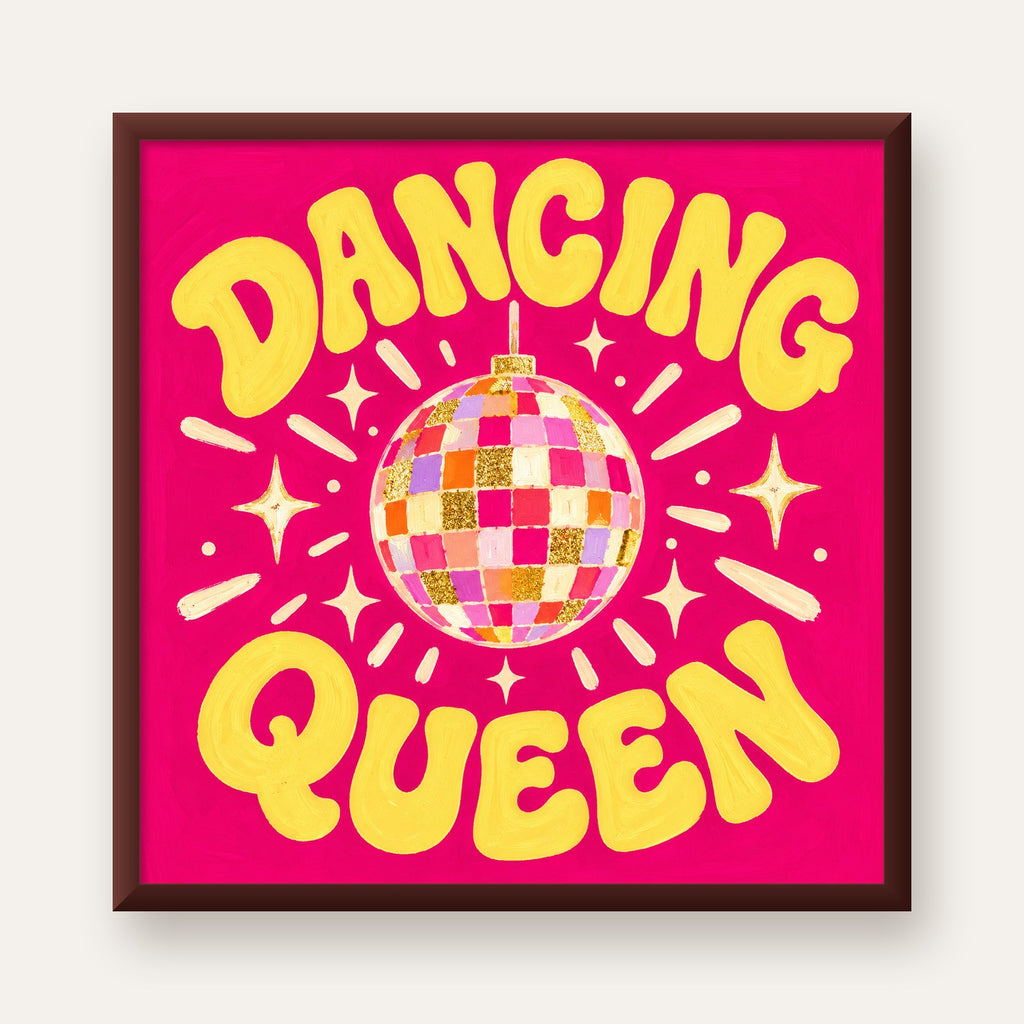 Dancing Queen Disco Topu Poster - Renkli ve Enerjik Duvar Dekoru — ceviz çerçeveli