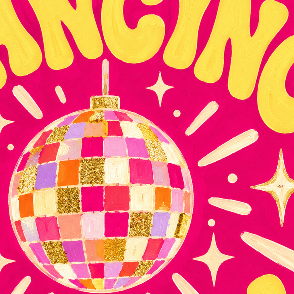 Dancing Queen Disco Topu Poster - Renkli ve Enerjik Duvar Dekoru — baskının yakın çekimi, kâğıt dokusu ve renk detayı